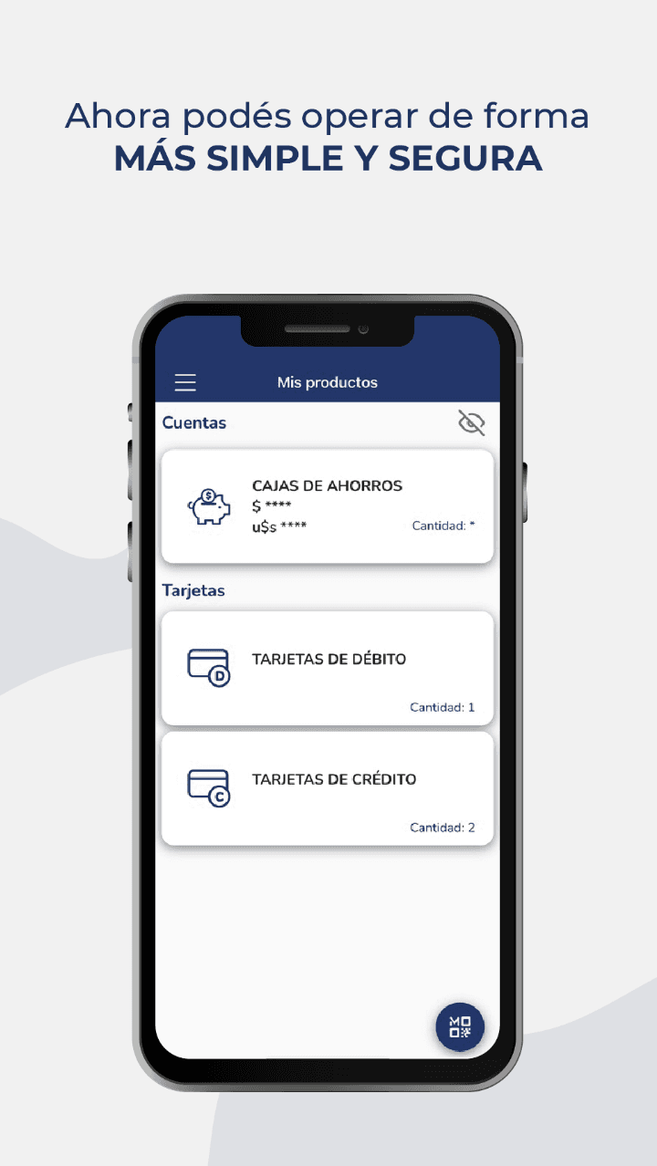 Store artwork: the My products screen, with savings accounts and debit and credit cards, balances hidden behind asterisks.