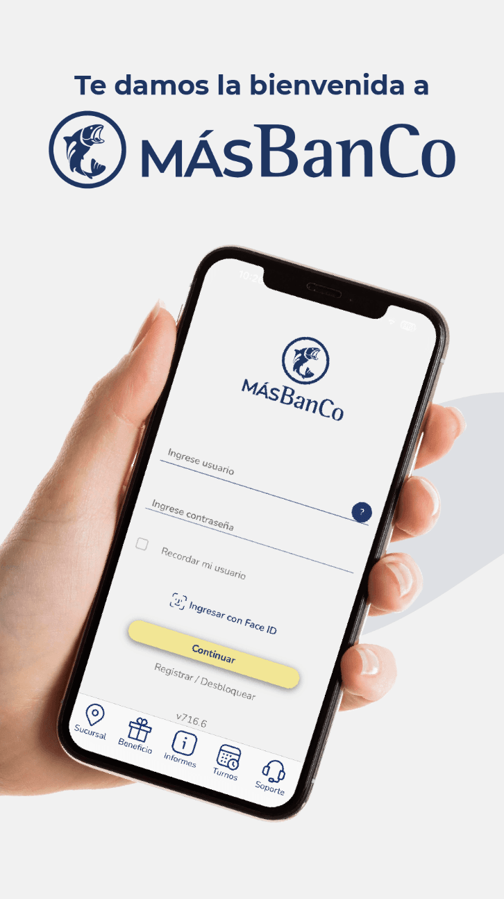 Store artwork: a hand holding a phone with the MásBanCo sign-in screen, with fields for user and password and a Face ID button.
