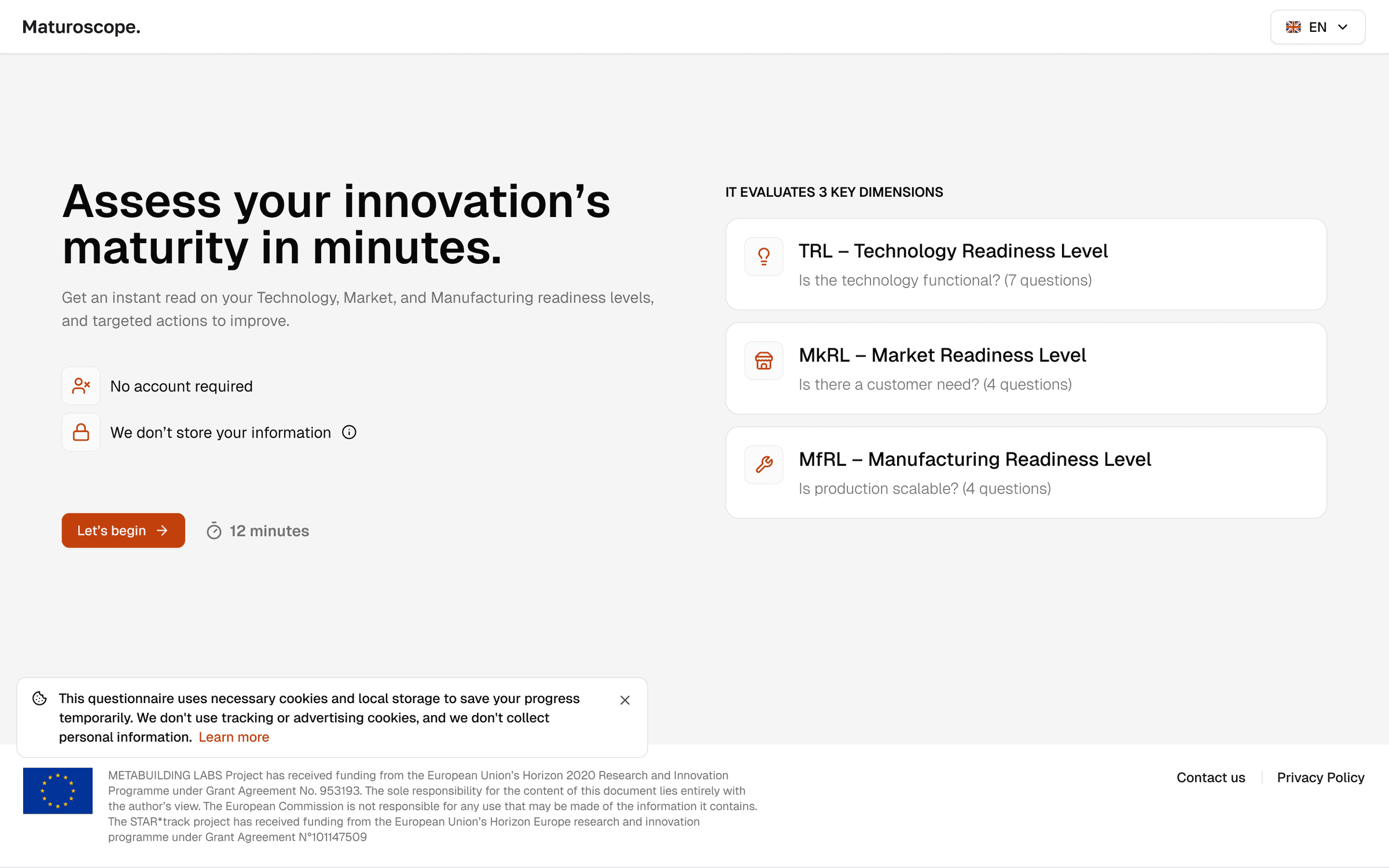 The assessment's start on desktop: Assess your innovation's maturity in minutes, no account required, nothing stored, a 12-minute estimate and the three dimensions with their number of questions.