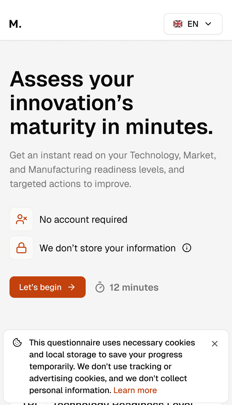 The same start screen on a phone, with the cookie notice explaining that progress is only kept in the browser.