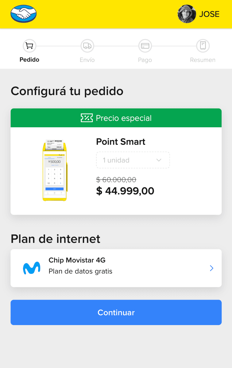 The same step on a phone: the progress bar with order, shipping, payment and summary, the Point Smart with the crossed-out price and the special price, and the data plan.