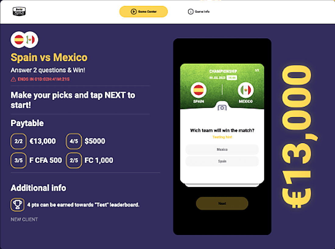 A prediction contest on desktop: Spain vs Mexico, answer two questions and win, with the prize table on the left, the question on a phone-sized card and a €13,000 jackpot on the right.