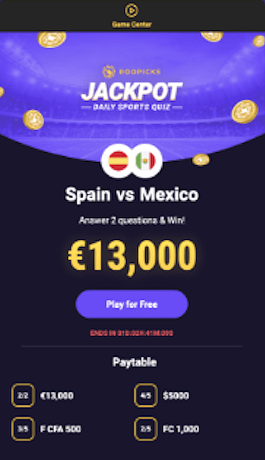 The same contest on mobile: a daily sports quiz jackpot of €13,000, a Play for Free button and the prize table.