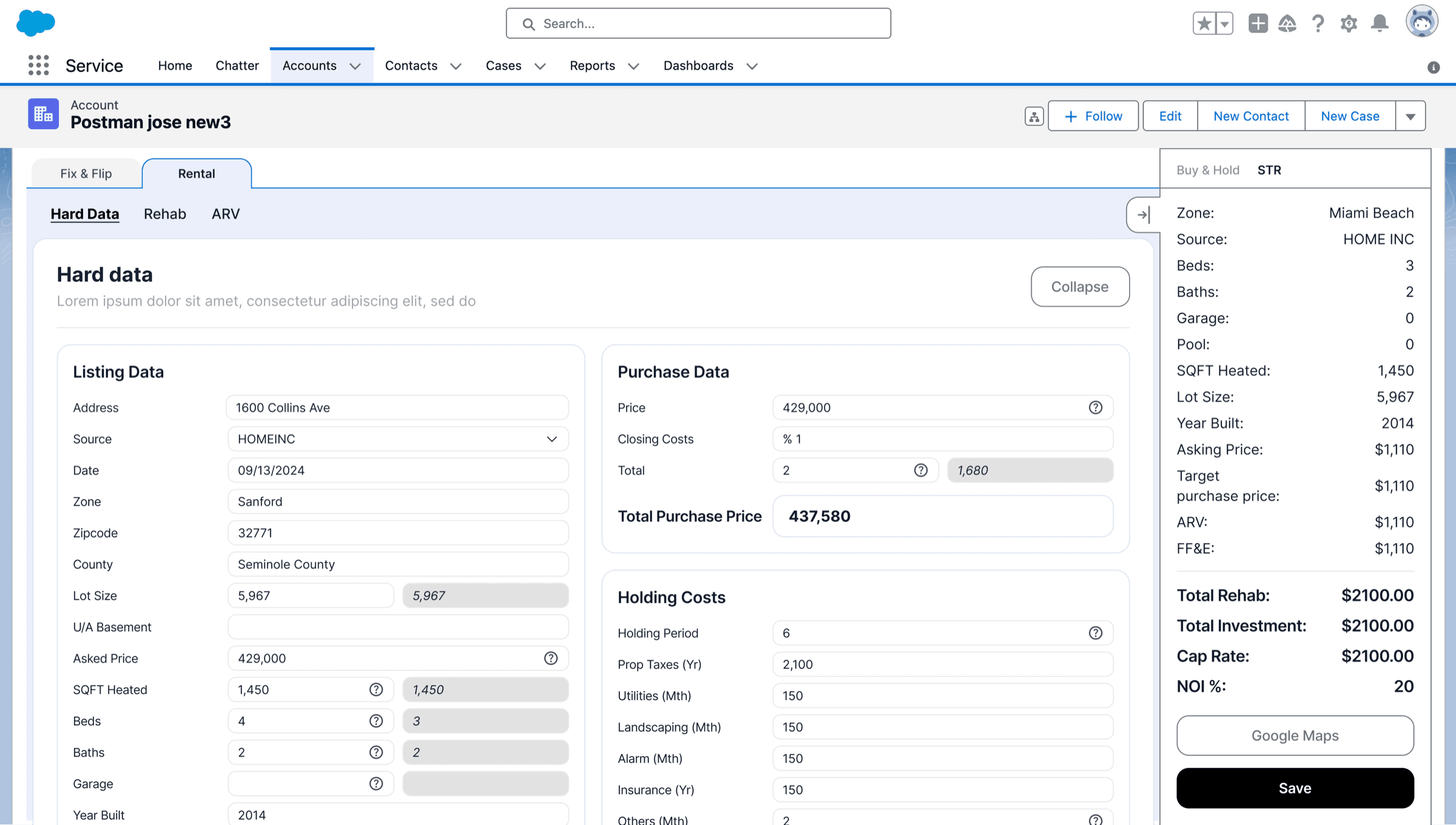 The app inside Salesforce: the Rental tab with a property's listing, purchase and holding data, and the investment summary on the right.