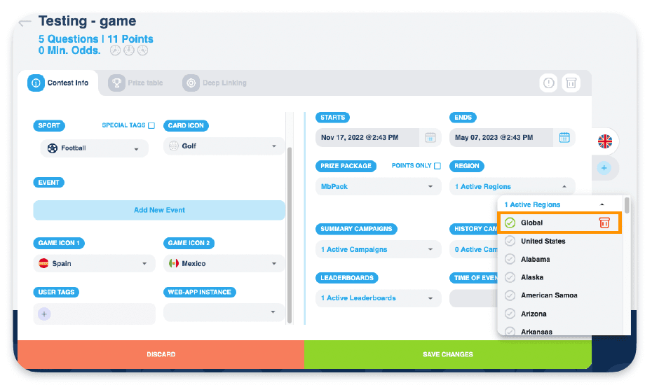 The prize dashboard: a contest's form with sport, event, start and end dates, prize package and leaderboards, and the regions list open with Global selected.